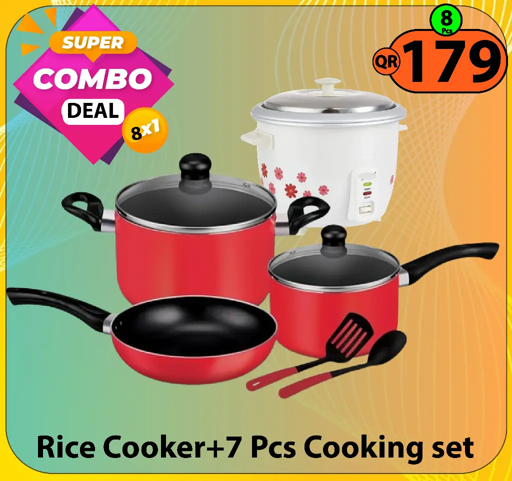 Super Combo Deal-8 Items (Rice Cooker 1ltr+ 7 Pcs cooking set)