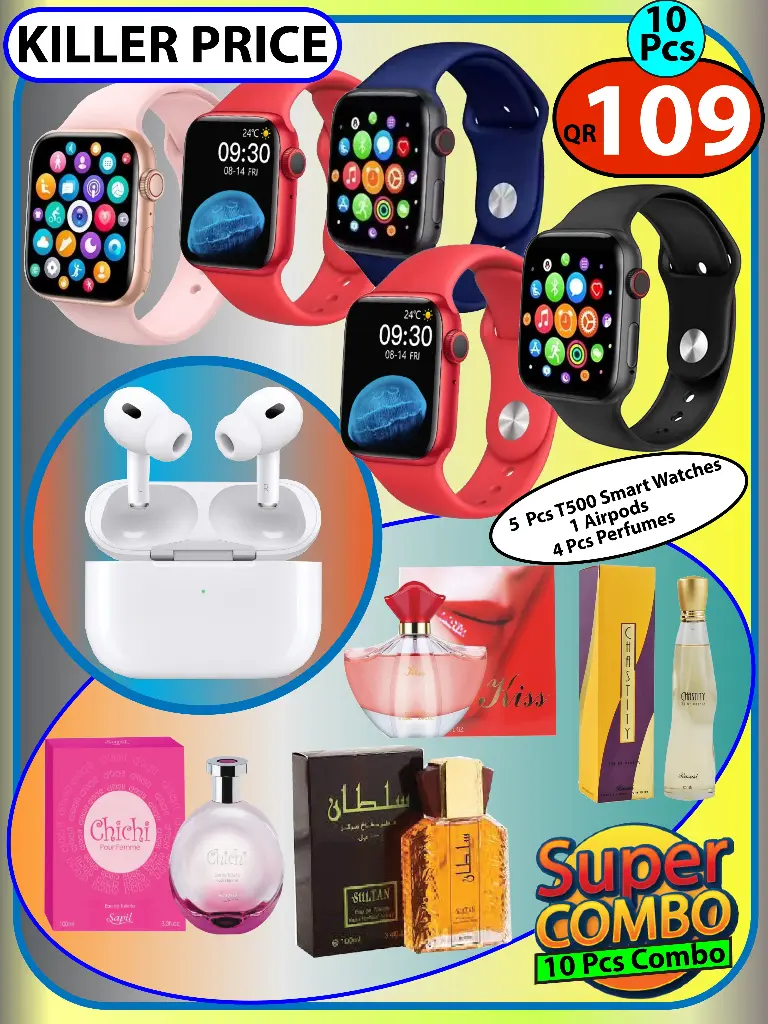 Super Combo-10 Items (5 Pcs T500 smartwatches and 4 Pcs Perfume+ Pro 6 Air pods)