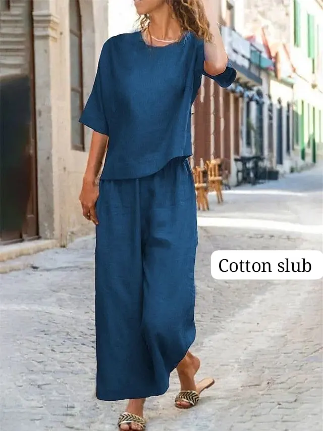 Premium cotton slub top with beautiful colours .Paired up with premium cotton slub plazo  with 2 side pocket