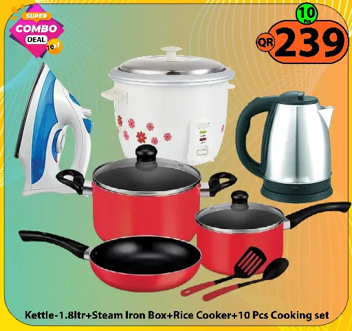 Super Combo Deal-10 Items (Rice Cooker 1ltr+Kettle 1.8ltr+ Steam Iron Box+7 Pcs cooking set)