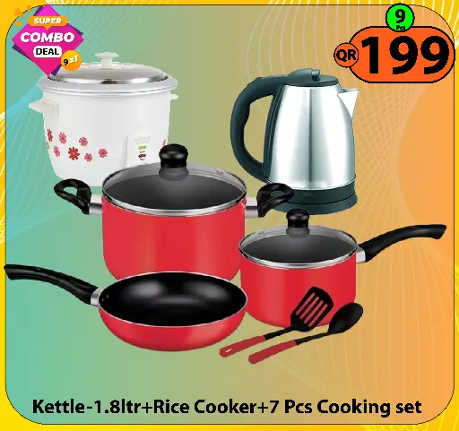Super Combo Deal-9 Items (Rice Cooker 1ltr+Kettle 1.8ltr +7 Pcs cooking set)
