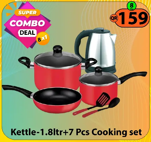 Super Combo Deal- 8 Items (Kettle 1.8ltr+ 7 Pcs cooking set)