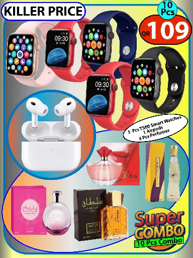 Super Combo-10 Items (5 Pcs T500 smartwatches and 4 Pcs Perfume+ Pro 6 Air pods)