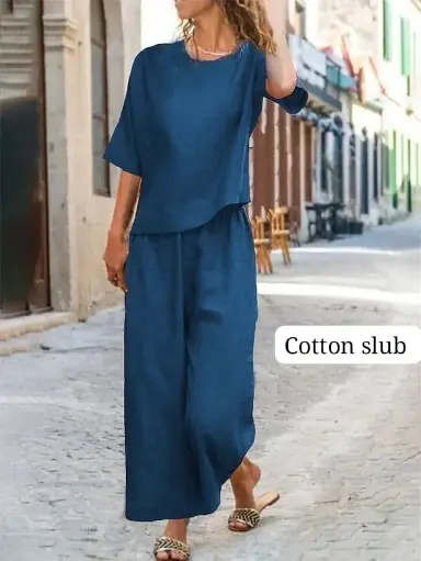 Premium cotton slub top with beautiful colours .Paired up with premium cotton slub plazo  with 2 side pocket