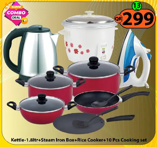 Super Combo Deal-13 Items (Rice Cooker 1ltr+Kettle 1.8ltr+ Steam Iron Box+10 Pcs cooking set)