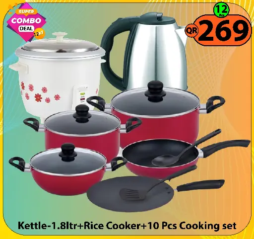 Super Combo Deal-12 Items (Rice Cooker 1ltr+Kettle 1.8ltr+10 Pcs cooking set)